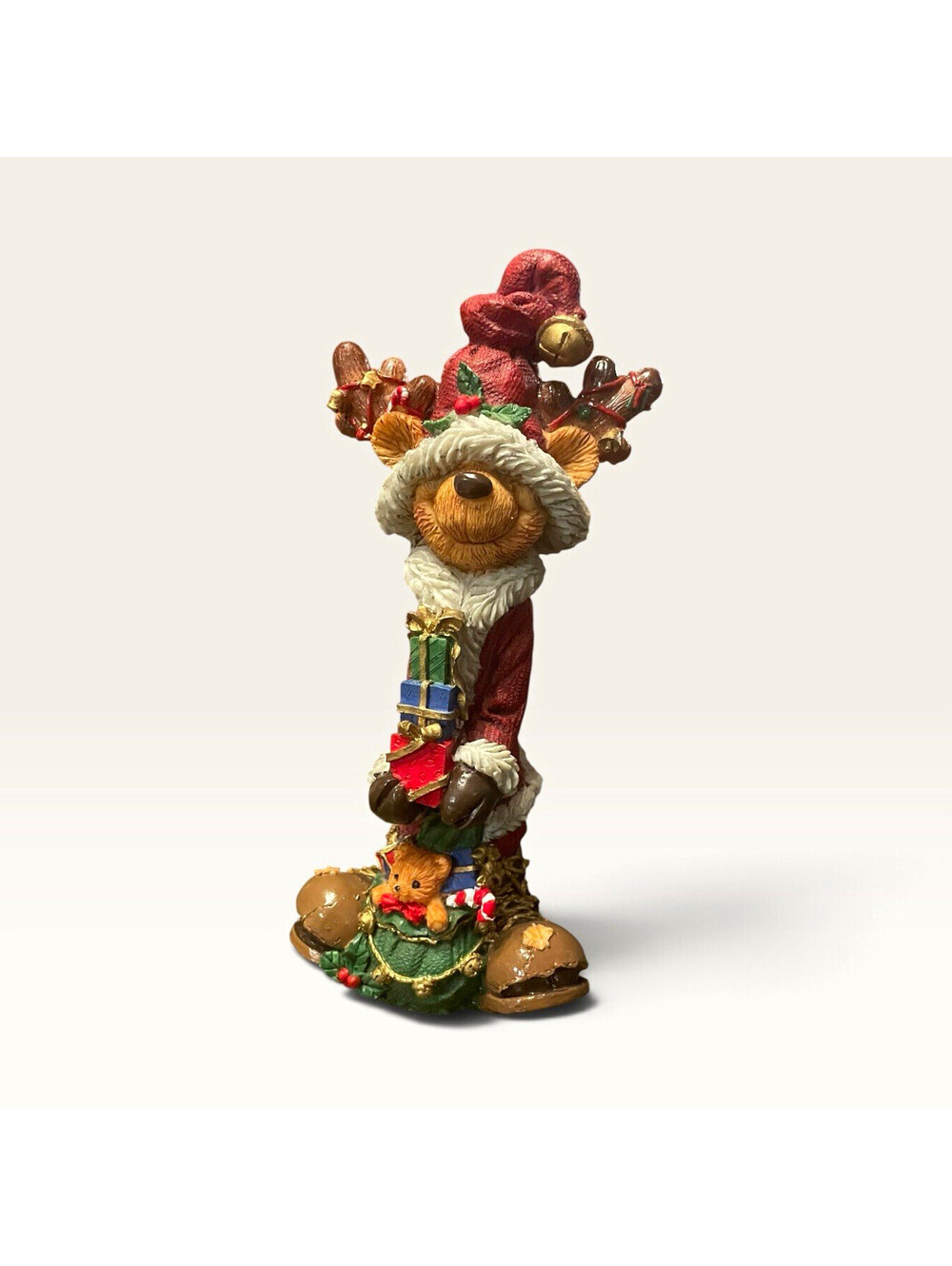 Vintage Christmas Santa Bear Resin Figurine with Box, Holiday Coin Bank